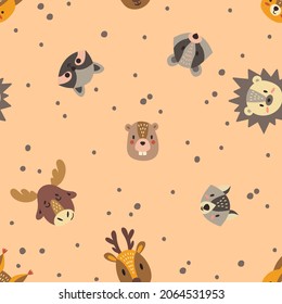 Cute animals, baby seamless hand drawn pattern. Digital paper depicting deer, elk, wolf, squirrel, badger, beaver and raccoon. Vector illustration.	
