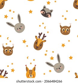 Cute animals, baby seamless hand drawn pattern. Digital paper depicting deer, squirrel, owl and raccoon.  Decoration for the nursery.	 