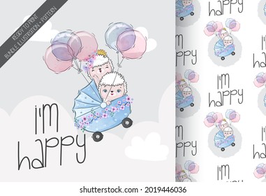 Cute animals baby sheep happy flying with seamless pattern