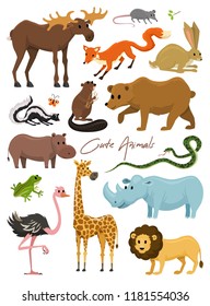 Cute animals for baby. Wild giraffe moose camel and deer, rhinoceros. hare, wolf and bear with lion and tiger. vintage world. Cartoon vector.