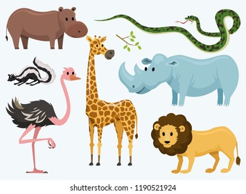 Cute animals for baby. Wild giraffe rhinoceros. ostrich and skunk. snake and hippopotamus. lion and tiger. vintage world. Cartoon vector.