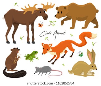 Cute animals for baby. Wild moose and deer, hare, wolf and bear. frog and fox. vintage world. Cartoon vector.