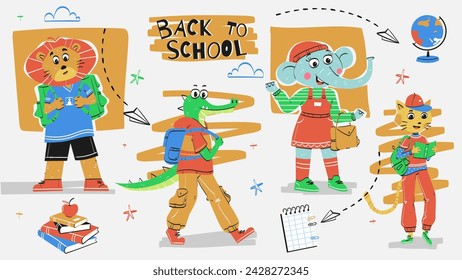 Animales lindos de vuelta a la escuela. ilustración vectorial.	