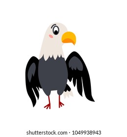 Cute animals - bald eagle. Illustrations for children. Baby Shower card. Cartoon character bird isolated on white background. North America animal wildlife