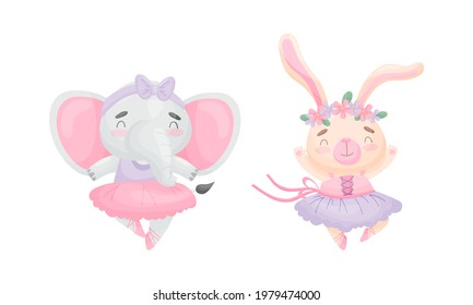 Cute Animals in Ballerina Dress Dancing Vector Set