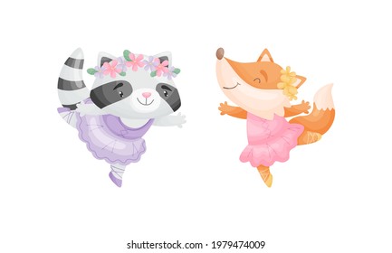 Cute Animals in Ballerina Dress Dancing Vector Set