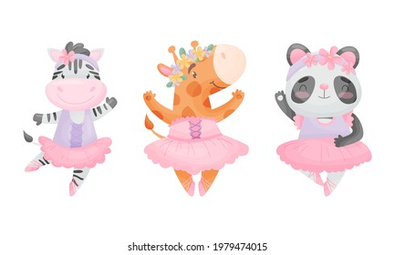 Cute Animals in Ballerina Dress Dancing Vector Set