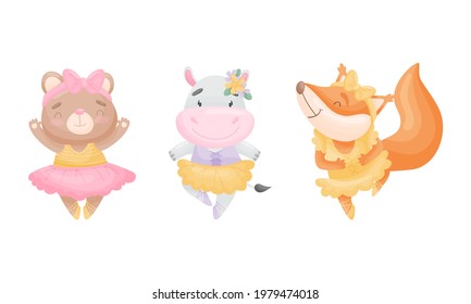 Cute Animals in Ballerina Dress Dancing Vector Set