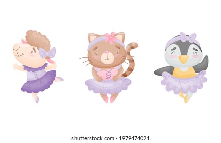 Cute Animals in Ballerina Dress Dancing Vector Set
