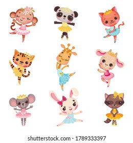 Cute Animals in Ballerina Dresses Dancing Vector Illustration Set
