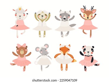 Animales muy bien educados bailarinas, bailarinas de ballet coleccionadas en clipart, aisladas en blanco. Ilustración vectorial dibujada a mano. Diseño plano de estilo escandinavo. Personajes de dibujos animados para niños moda, impresión textil