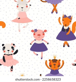 Cute animals ballerinas, ballet dancers seamless pattern on white background. Hand drawn vector illustration. Scandinavian style flat design. Concept kids textile, fashion print, wallpaper, package.