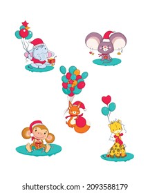 Cute Animals With Balloons Baby Animals Wearing Santa Caps Flying Fox Baby Elephant With Gift Decorate Giraffe With Gift Happy Animals Decorated Cute Rat Smiling Monkey 