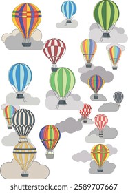 Cute animals in balloons flat illustrations set. Funny tiger, elephant, bear, lion, deer, lama and cat inside flying ball. Festival decorative hot air balloon. Design elements