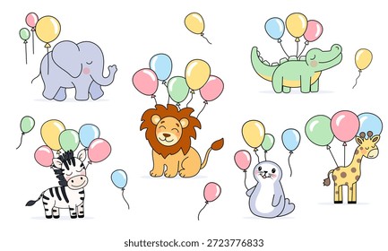 Animales lindos con globos conjunto de ilustración