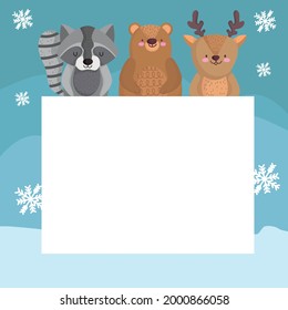 cute animals and banner with snowflakes