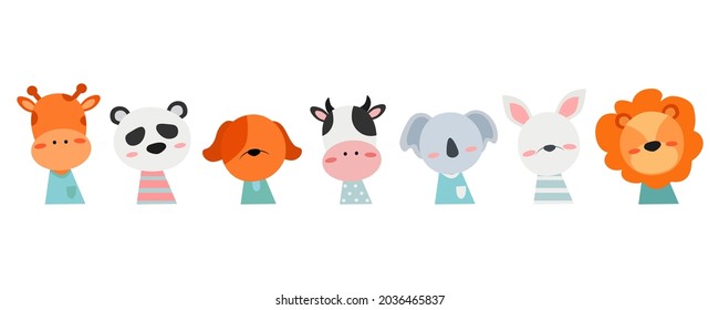 Cute animals banner. Vector illustrations for nursery design, poster, greeting cards. panda, koala, dog, giraffe, lion, cow, rabbit. - Vector