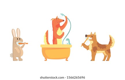 Cute Animals Bathing Vector Set. Hygiene and Care Concept