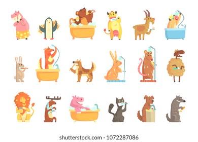 Cute animals bathing and washing in water, set for label design. Hygiene and care, cartoon detailed Illustrations