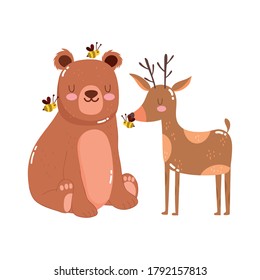 cute animals bear with bees and reindeer nature wild cartoon vector illustration