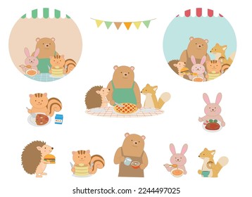 Cute animals at bear cafe. Squirrel, rabbit, fox and hedgehog.