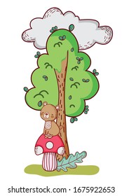 cute animals, bear on mushroom tree leaf foliage cartoon vector illustration