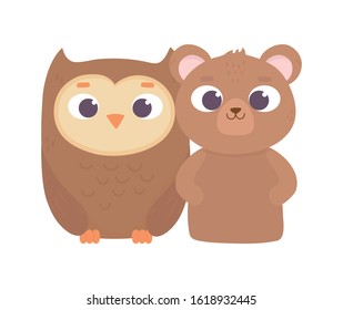 cute animals bear and owl cartoon on white background vector illustration