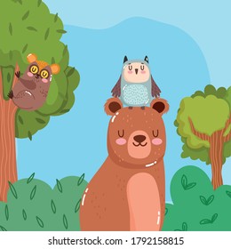 lindos animales de oso búho y tarsius en el bosque de hierba bifurcación naturaleza caricatura salvaje ilustración vectorial