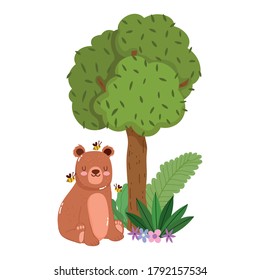 cute animals bear sitting with bees on grass tree nature wild cartoon vector illustration