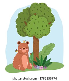 cute animals bear sitting with bees on grass tree nature wild cartoon vector illustration