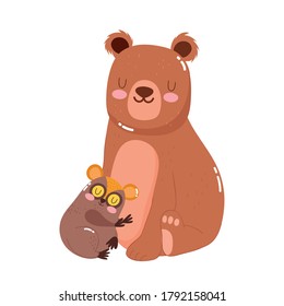 cute animals bear and tarsius nature decoration cartoon vector illustration