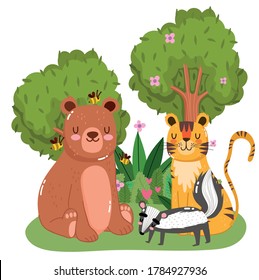 cute animals bear tiger bees and skunk grass forest nature wild cartoon vector illustration