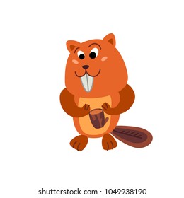 Cute animals - beaver. Illustrations for children. Baby Shower card. Cartoon character rodent isolated on white background. North America animal wildlife