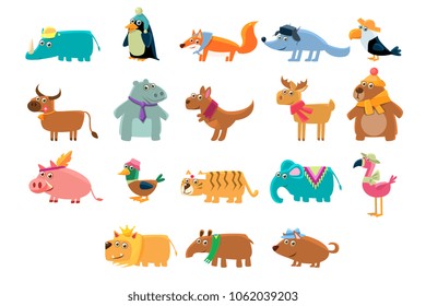 Cute animals big set in bright colors childish vector illustration