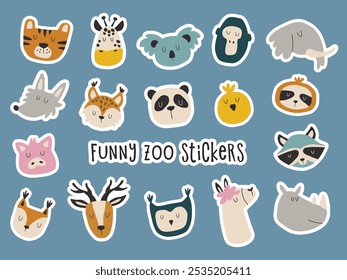 Cute animals big sticker pack. Hand drawn heads of cute wild and farm animals. Stickers for diary, greeting cards and poster.