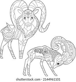 Cute animals bighorns. Doodle style, black and white background. Funny animal, coloring book pages. Hand drawn illustration in zentangle style for children and adults, tattoo.