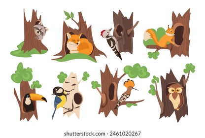 Cute animals and birds cartoon characters living in hollows set isolated on white background