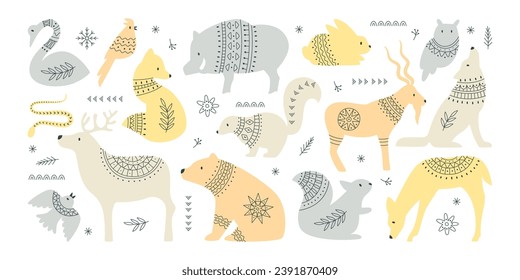 Cute animals and birds with scandinavian folk art ornament pattern vector illustration isolated set on white. Swan, fox, boar, bear, elk, wild goat, wolf, squirrel, hare, owl decorative nordic symbol