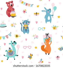 Cute animals at a birthday party hand drawn seamless pattern. Cartoon character. Balloons, cakes, gift boxes and other holiday symbols.  Colorful background fill.