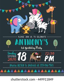 Cute Animals & Birthday Party Invitation Card Template