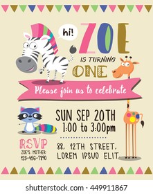 Cute Animals & Birthday Party Invitation Card Template