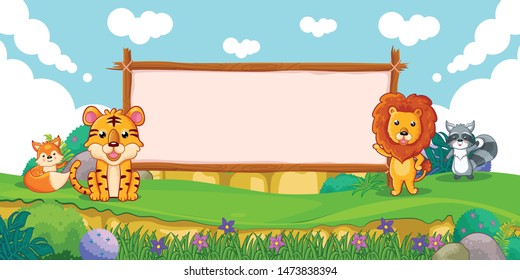 cute animals with a blank sign wood