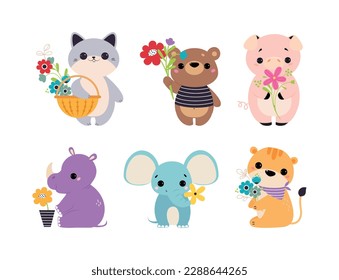 Cute Animals with Blooming Flowers and Floral Bouquet Vector Set