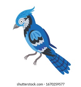Cute animals - blue jay bird. Illustrations for children. Baby Shower card. Cartoon character isolated on white background. Bright forest bird