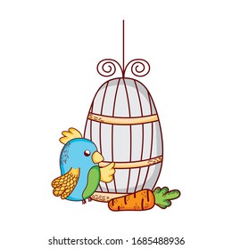 animales lindos, jaula de loro azul y comida de zanahoria caricatura aislado icono diseño vectorial ilustración