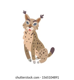 Cute animals - Bobcat Lynx rufus. Illustrations for children. Baby Shower card. Cartoon wild cat isolated on white background. African animal wildlife