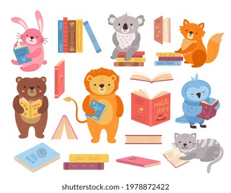 Cute animals with books. Animal read, book stacks. School study characters, bird rabbit bear in library. Children education exact vector set