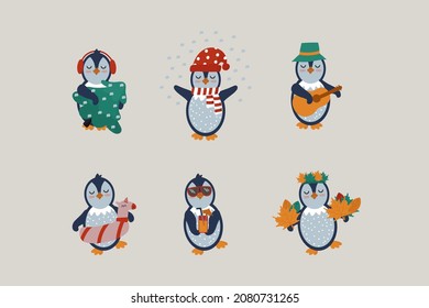 Cute animals for the Calendar. Penguins for different months, seasonal illustrations of birds. Monthly calendar characters for 2022. Vector illustration