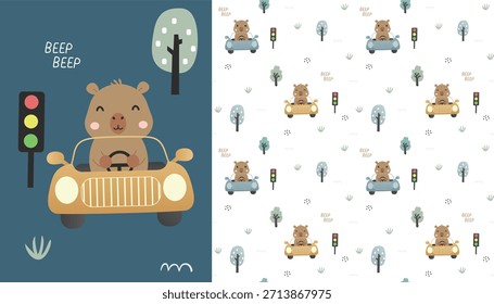 Animales lindos Capybara personaje con coche