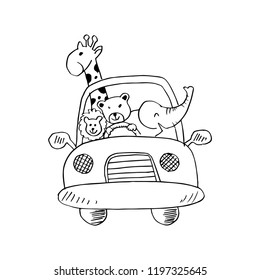 Cute animals in car on road